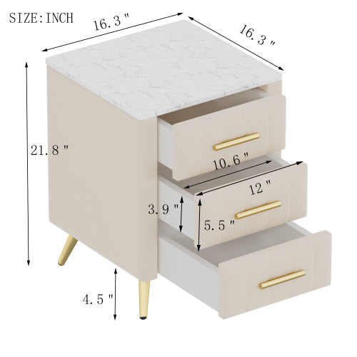 Upholstered Wooden Nightstand with 3 Drawers and Metal Legs&Handles, Bedside Table with Marbling Stickers Worktop - Beige