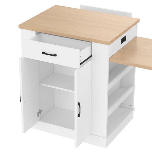 Extendable island console with drawers, double-door cabinet, and open shelving. Serves as dining table, temporary breakfast bar, and afternoon tea lounge,White
