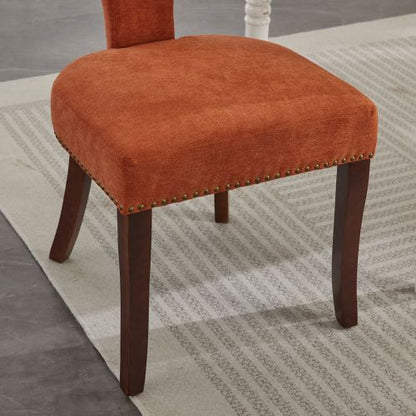 Set of 2 Orange Linen Mid-Century Farmhouse Dining Chairs, Copper Nail Curved Back Walnut Solid Wood Legs 300lbs Capacity