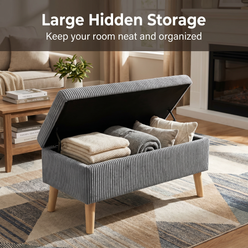 32 inch Olive Grey Corduroy Flip-Top Storage Ottoman Bench, Wooden Leg Upholstered Entryway & Bedroom Footrest