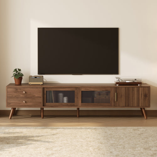 76.7 inch Natural Wood Wave Tempered Glass Door TV Stand Solid Wood Leg Media Console For 85 inch TV