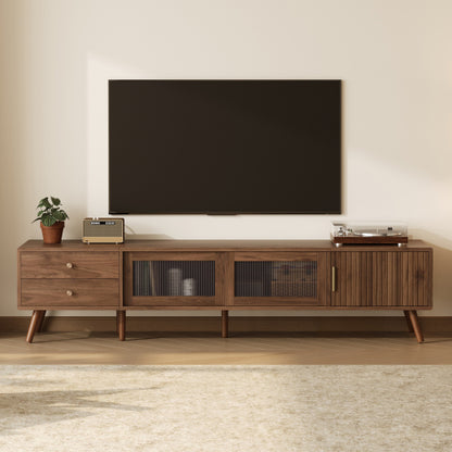 76.7 inch Natural Wood Wave Tempered Glass Door TV Stand Solid Wood Leg Media Console For 85 inch TV