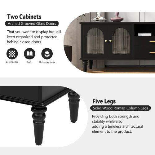68.9 Inch Retro Fluted Glass TV Stand for 75 Inch TV with 5 Solid Pine Legs