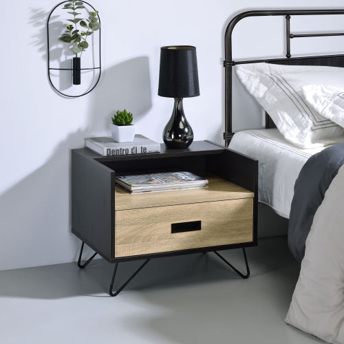 Oak & Black 1-Drawer Nightstand with Hairpin Legs