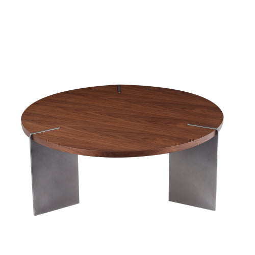 Round Coffee Table, Walnut Wood Top with Black Metal Feet, Eco-Friendly Formaldehyde-Free Accent Table