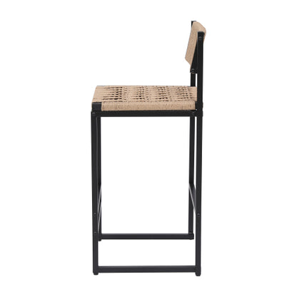 Kitchen Bar Stools with Footrest Set of 2 Paper Rope Weave Dining Chairs Counter Height Barstool (Style B Black & Honey)