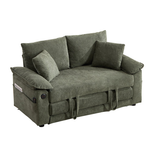 58-Inch Green 3-in-1 Convertible Futon Sofa-Bed, Side Pockets & USB Port