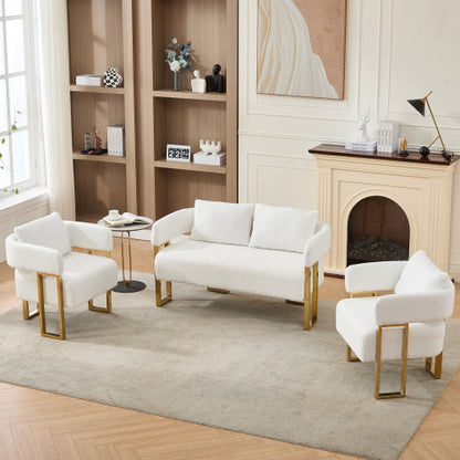 White Teddy-Fleece Decorative Side Accent Chair with Polished Gold-Metal Legs for Dressing-Area Reception-Room Office