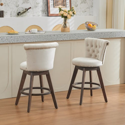 26inch Counter Height Bar Stools Set of 2, 360¡ã Swivel Stools with Back & Hand - Tufted Button - Trimmed Edges, Upholstered Velvet Kitchen Counter Stools on Wood Legs,Beige