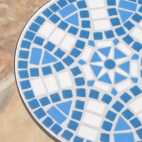 Outdoor Round Side Table with Mosaic-Style Top and Curved Iron Legs, End Table-Blue ,Wihte and Matte Black