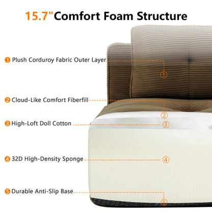 82 inch  Brown Corduroy L-Shape Modular Sectional Sofa, No Assembly Required