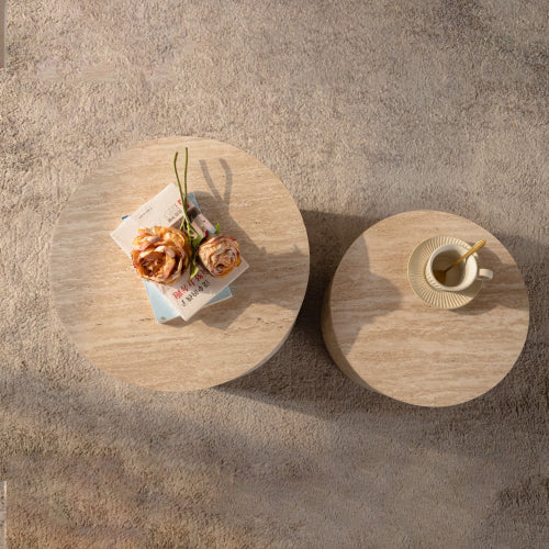 Set of 2 Nesting Round Coffee Tables Wooden Modern Space Saving Side Tables