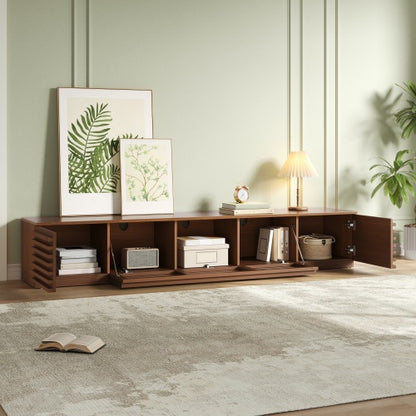 86.6 inch Walnut Legless Horizontal Slat Flip Door TV Stand Low Profile Media Console Fits 90 inch TV