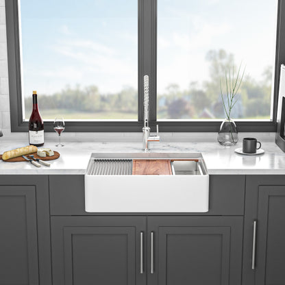 White Farmhouse Sink Workstation - 33 x 20 x 10 inch White Ceramic Porcelain Double Bowl Farm Kitchen Sink