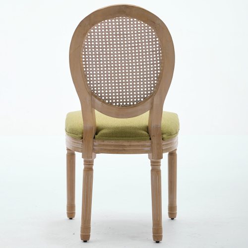 Set of 2 Olive Green French Solid Wood Rattan Back Dining Chairs, Antique Carved Frame 300 LBS Capacity