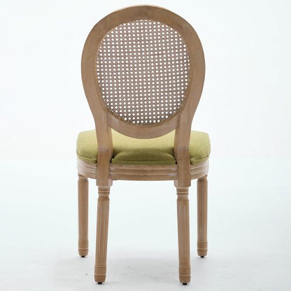 Set of 2 Olive Green French Solid Wood Rattan Back Dining Chairs, Antique Carved Frame 300 LBS Capacity