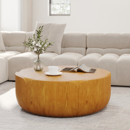 35.63" Round Outdoor Indoor Coffee Table, Modern Wood Grain Drum Center Table, Sturdy MGO (Magnesium Oxide) Waterproof, No-Assembly Table for Patio, Garden, Backyard, Living Room (Wood Color)