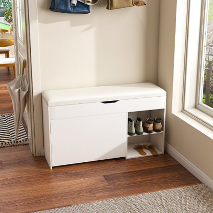 Entryway Bench with Shoe Storage,Adjustable 3-Tier Flip-Up Drawers & Hidden Cabinet,Space-Saving Shoe Organizer,Triple Storage and Modern Design,for  Hallway and Living Room,White