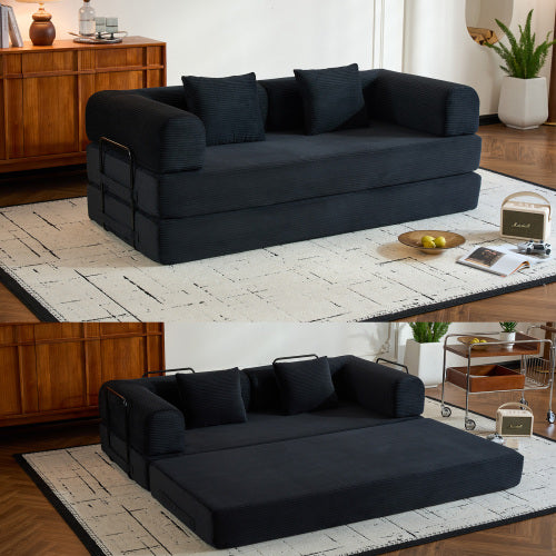 Corduroy Convertible Sleeper Sofa-Bed Fixed-Shape Metal-Frame Floor Lounge Couch with Cylindrical Pillow No-Assembly