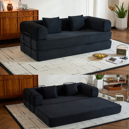 Corduroy Convertible Sleeper Sofa-Bed Fixed-Shape Metal-Frame Floor Lounge Couch with Cylindrical Pillow No-Assembly