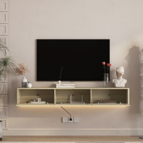 Wood Floating Wall Mount High Gloss TV Cabinet with 16 Color LED Lights & Built-in Power Ports