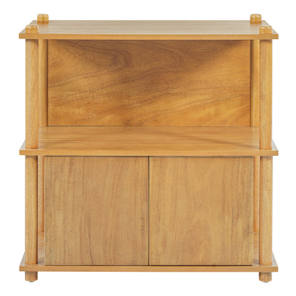 Natural Wood Nightstand, 2 Open Shelves & 2-Door Storage Cabinet Push-to-Open Side Table
