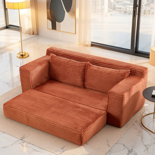Orange Memory-Foam Convertible Loveseat Sofa-Bed Steel-Frame Corduroy No-Assembly Couch for Small Spaces