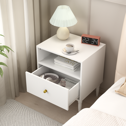 Modern White Nightstand with Drawer and Open Shelf, Bedside Table with Gold Knob, Solid Wood Legs, Small End Table for Bedroom, Living Room