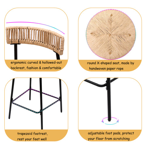 Hand Woven Bar Stools with Back Set of 2 Paper Rope Round Barstools with Footrest for Kitchen Island & Dining Rooms (Black & Honey)