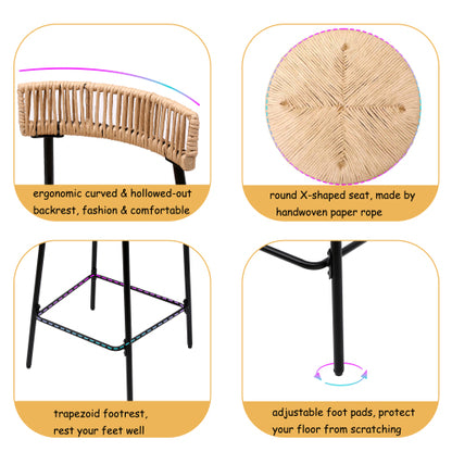 Hand Woven Bar Stools with Back Set of 2 Paper Rope Round Barstools with Footrest for Kitchen Island & Dining Rooms (Black & Honey)