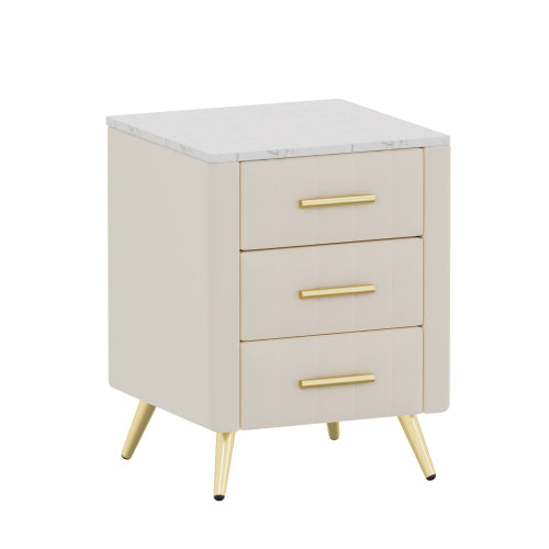 Upholstered Wooden Nightstand with 3 Drawers and Metal Legs&Handles, Bedside Table with Marbling Stickers Worktop - Beige