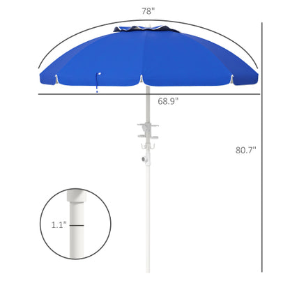 Outsunny 5.7' Portable Beach Umbrella with Tilt, Adjustable Height, 2 Cup Holders & Hooks, UV 40+ Ruffled Outdoor Umbrella with Vented Canopy, Blue