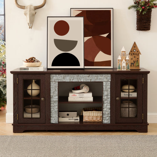 Modern 65 Inch TV Stand with Faux Stone Cabinet Cherry Media Console