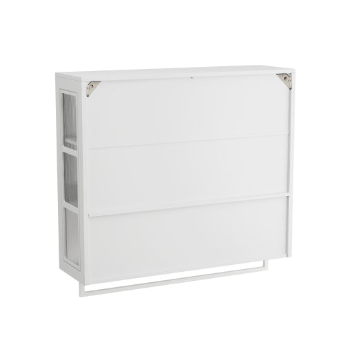 Bathroom Wall Cabinet, 3-Door Wooden Wall Cabinet with Open and Hidden Storage Space, Medicine Cabinet with Glass Door and Towel Bar for Entryway Living Room Bathroom Dining Room,White