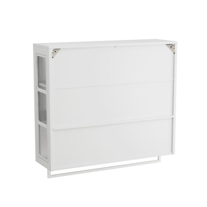 Bathroom Wall Cabinet, 3-Door Wooden Wall Cabinet with Open and Hidden Storage Space, Medicine Cabinet with Glass Door and Towel Bar for Entryway Living Room Bathroom Dining Room,White