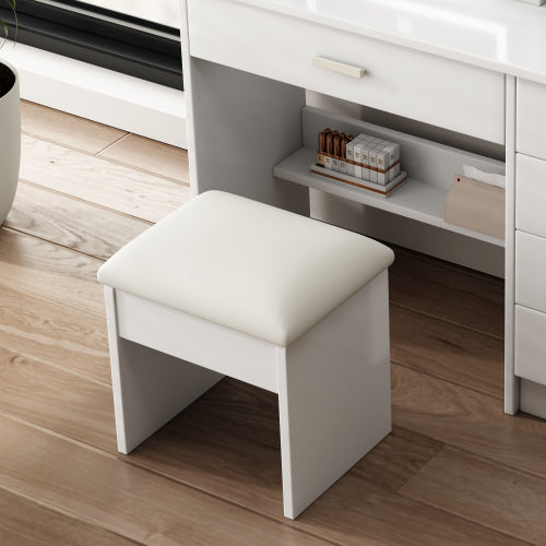 White Vanity Desk with Mirror & Lights, 5 Drawers, Open Shelves & Chair, 3 Color Adjustable LED Lighting