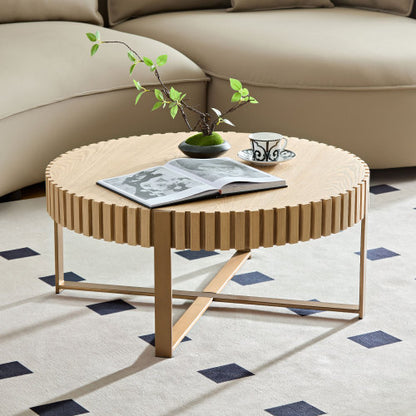 31.5inch  Round Drum Coffee Table MDF Metal Pedestal Base Modern Natural Ash Accent Table
