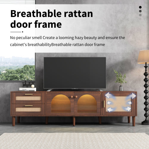 Rattan TV Stand with Drawers Glass Doors and LED Lights for 80 Inch TVs