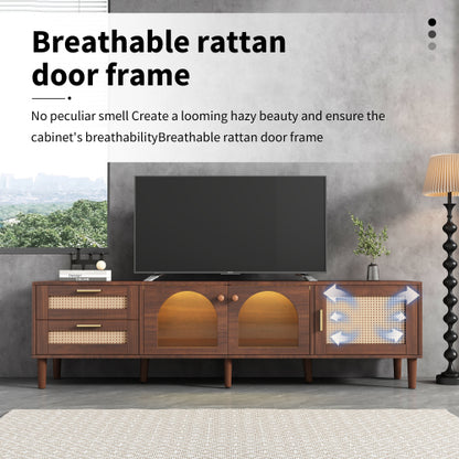 Rattan TV Stand with Drawers Glass Doors and LED Lights for 80 Inch TVs