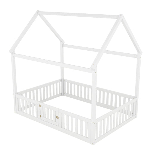 Full Size Wood House Bed with Fence and Door, White