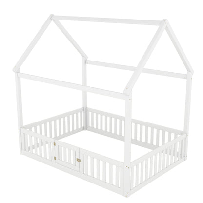 Full Size Wood House Bed with Fence and Door, White