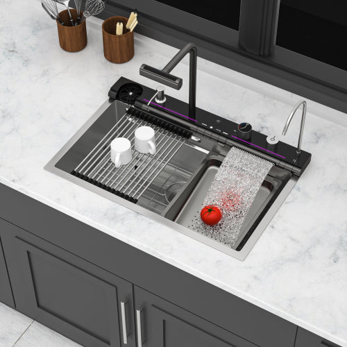 30" Kitchen Sink Waterfall Sink - 30 x 19 x 9 inch Multifunction Single Bowl 16 Gauge Stainless Steel Ledge Workstation Smart Digital Features Top Mount Kitchen Sinks