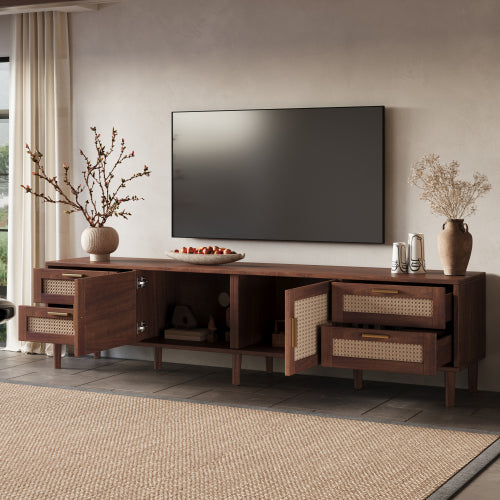 78.7 inch Dark Brown PE Rattan TV Stand 4 Drawers Soft Close Hinges For 85 Inch TV