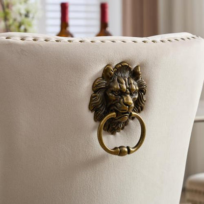 Mid-Century Modern Velvet Dining Chairs Set of 2 with Lion Head Pull Ring, Tufted Upholstered Chair, Beige