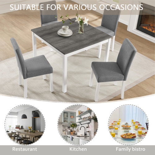 5-Piece Grey & White Two Tone Dining Set, Square Wooden Table with 4 Upholstered Chairs