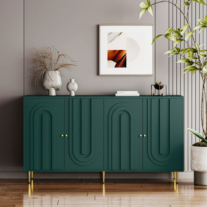 Modern Green Lacquered 4 Door Sideboard Buffet Cabinet Gold Metal Legs Adjustable Shelves