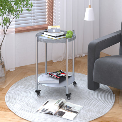 2-Tier Movable Round Side Table with Lockable Wheels