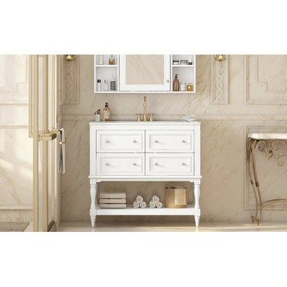 36" Bathroom Vanity Cabinet with Sink Combo Set, Undermount Ceramic Sink, Free Standing Vanity Set with 4 Drawers, Solid Wood Frame Bathroom Cabinet, White