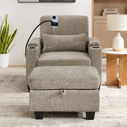 Brown Manual Recliner Single Sofa,USB Port,Cup Holders,Storage Ottoman