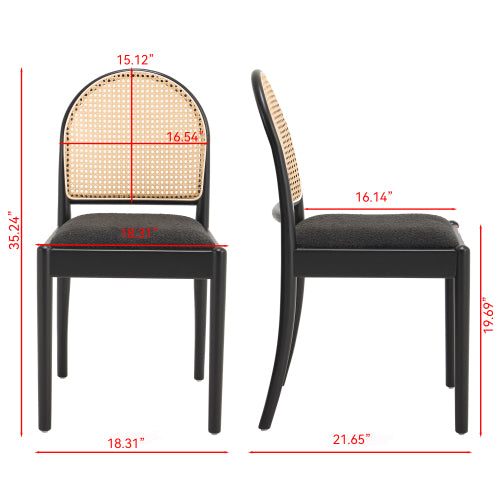 Set of 2 Rattan Dining Chairs with Teddy Upholstered Seat, Wood Legs, Black Kitchen Chairs